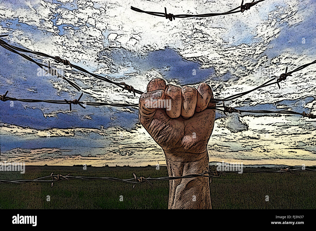 hand behind barbed wire with sunset in the background Stock Photo