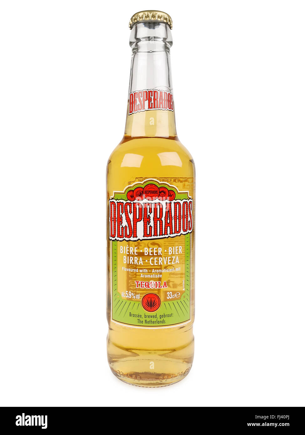 Desperados, lager flavored with tequila is a popular beer produced by Heineken. Stock Photo