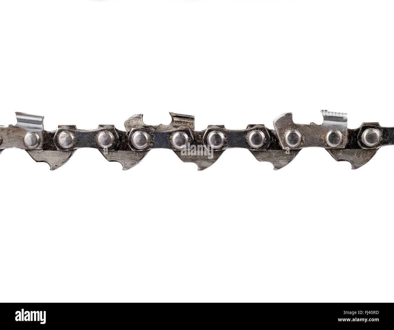 detail of chain for a chain saw isolated on the white background, studio shot Stock Photo