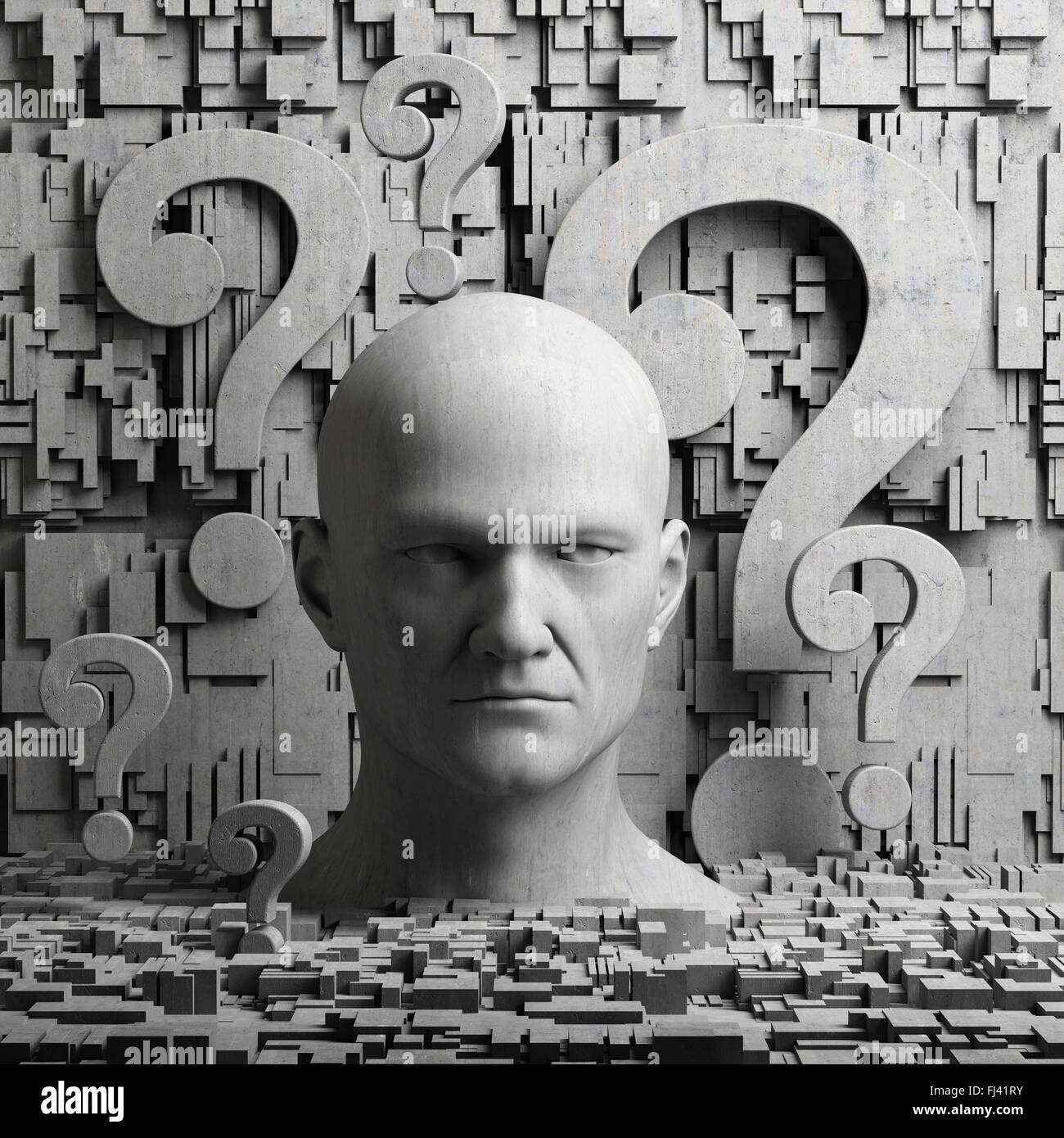 Thinking man statue with question mark on gray background to illustrate learning, education, testing, quizzing, creativity and i Stock Photo