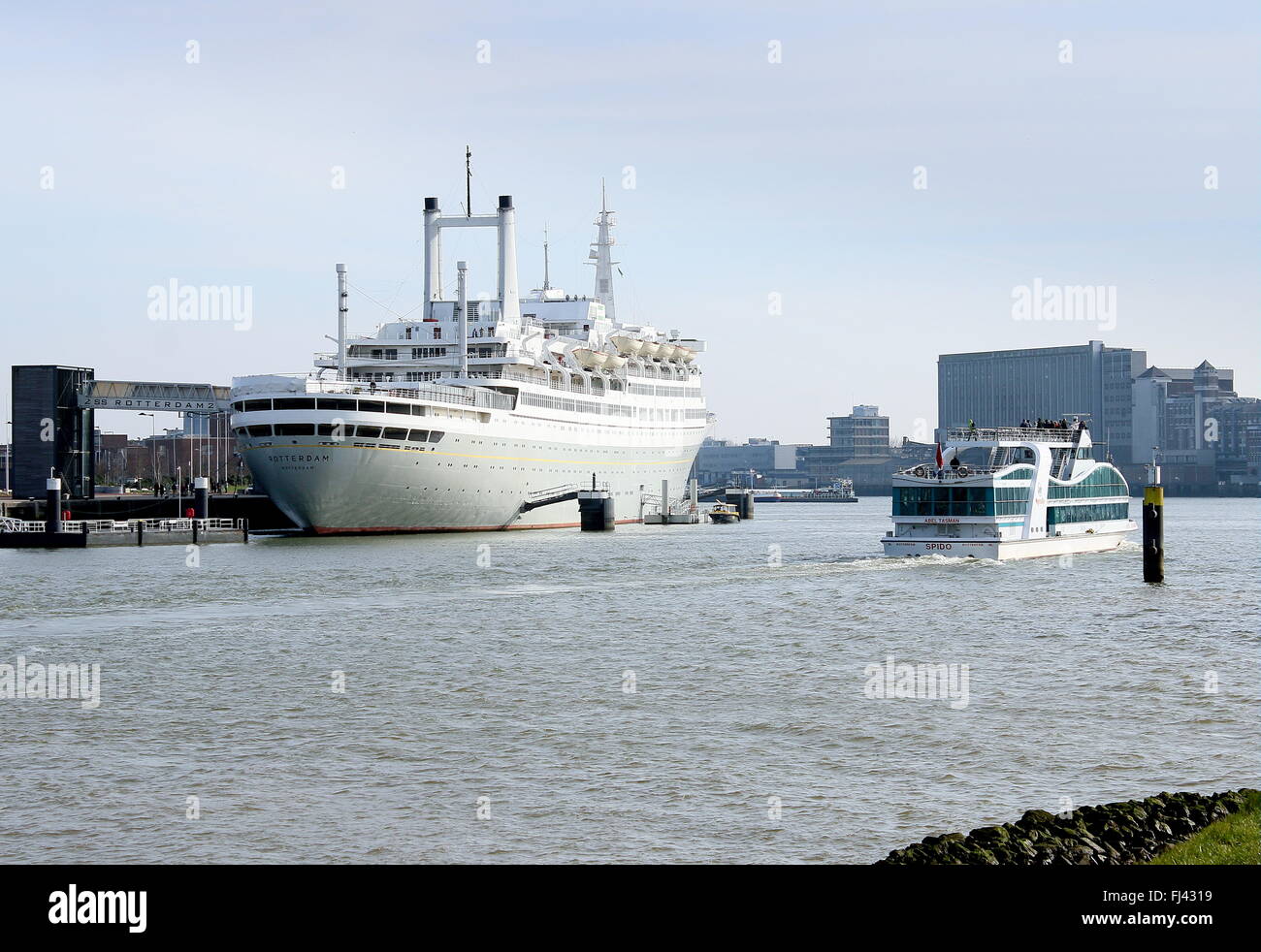 Hotel Ship S.S. Rotterdam, former ocean liner and cruise ship, moored in Rotterdam, Netherlands, Derde Katendrechtse Hoofd quay Stock Photo