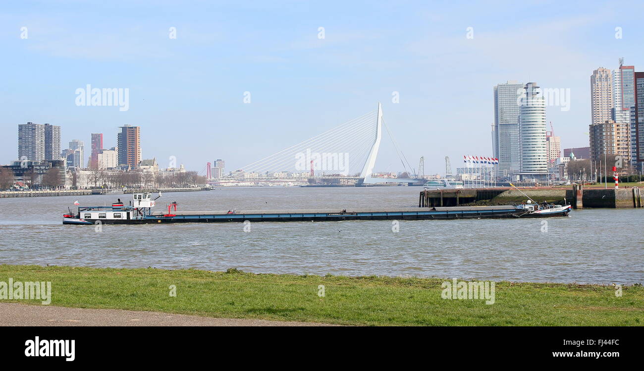 Skyline of Rotterdam, Netherlands. Nieuwe Maas river with high-rise buildings. Erasmus bridge connecting city centre with south Stock Photo