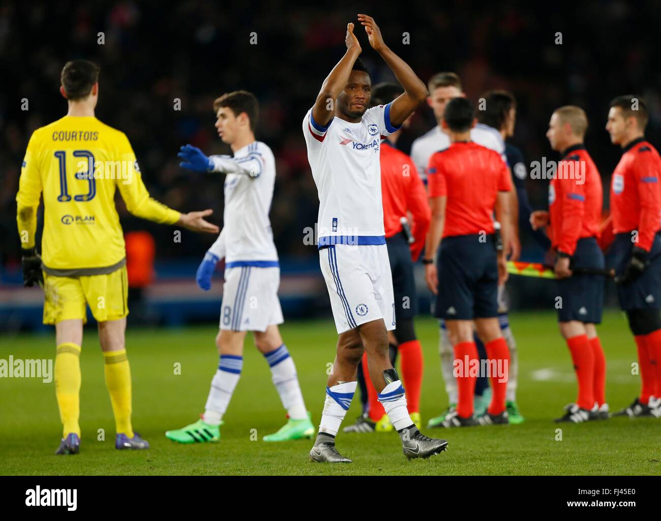 Chelsea’s Mikel John Obi applauds the Chelsea fans after the UEFA Champions League round of 16 match between Paris Saint-Germain and Chelsea at the Parc des Princes Stadium in Paris. February 16, 2016. James Boardman / Telephoto Images +44 7967 642437 Stock Photo