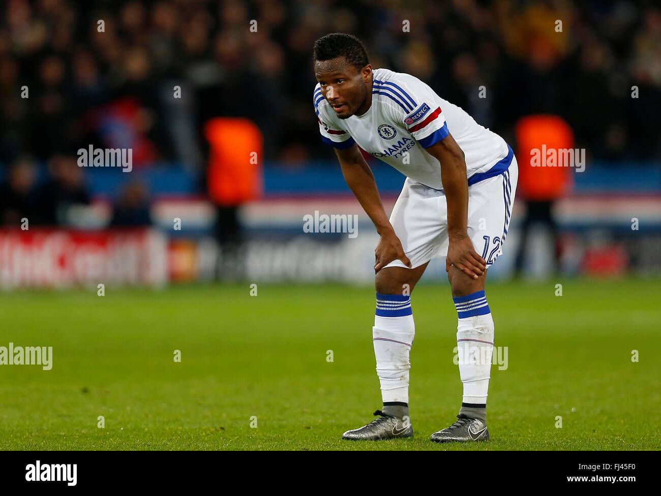 Chelsea’s Mikel John Obi looks dejected after Edinson Cavani's goal during the UEFA Champions League round of 16 match between Paris Saint-Germain and Chelsea at the Parc des Princes Stadium in Paris. February 16, 2016. James Boardman / Telephoto Images +44 7967 642437 Stock Photo