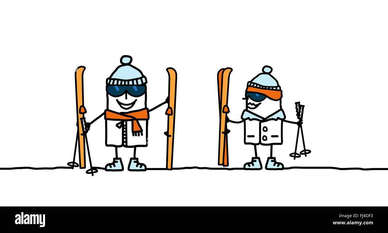 cartoon couple ready to ski Stock Photo