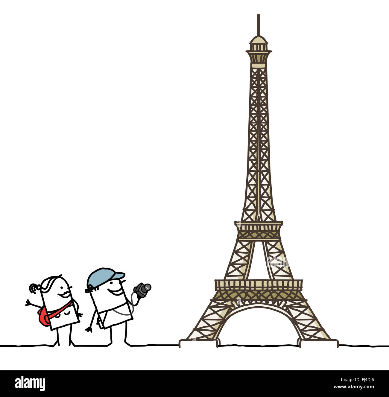 cartoon couple with Eiffel Tower Stock Photo