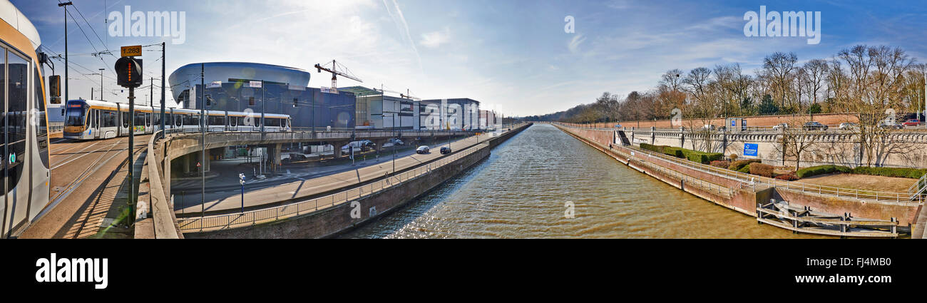 Panoramic view on the canal from Brussels and Docks Bruxsel - New shopping district, Stock Photo