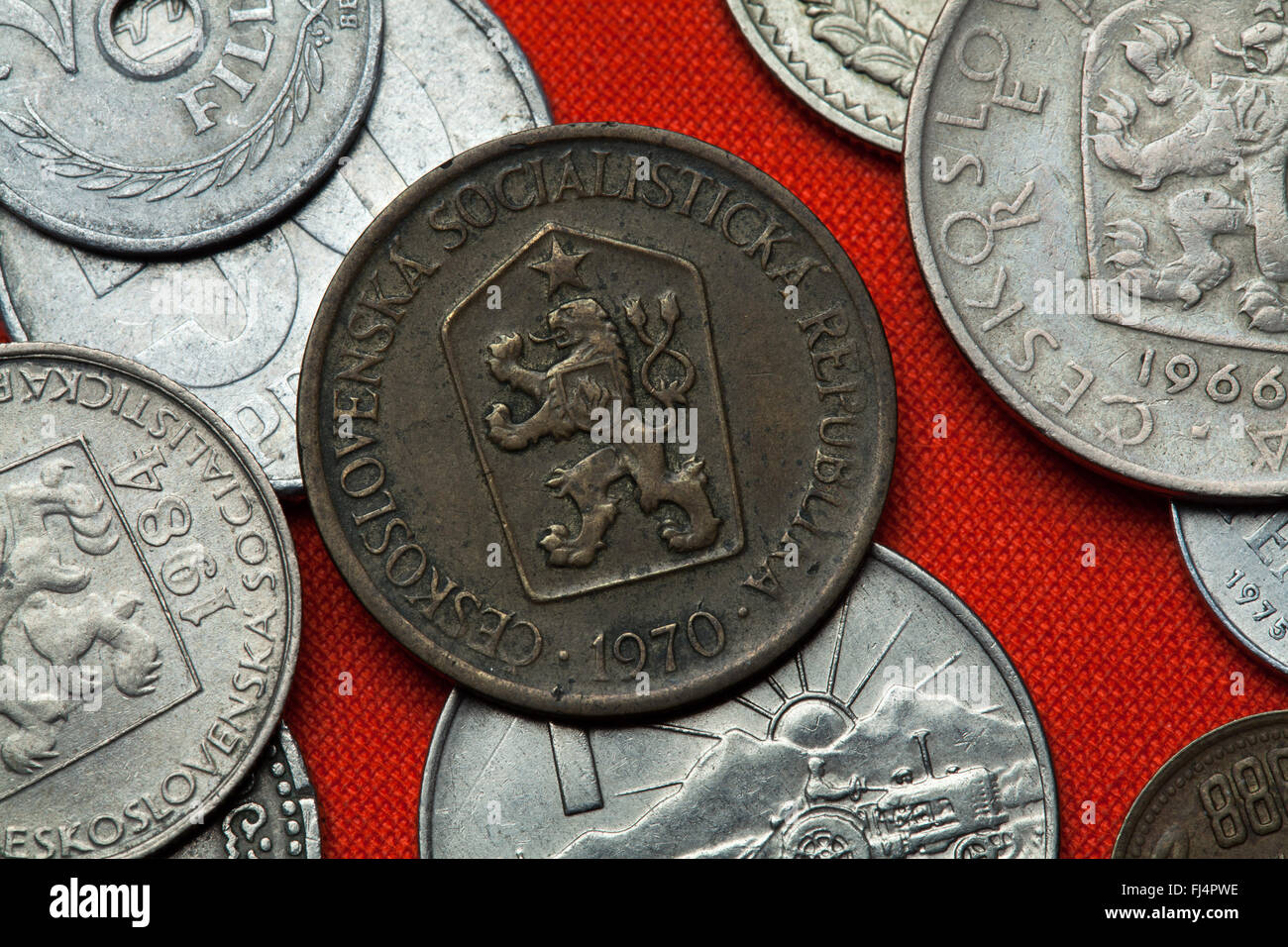 Coins of Czechoslovakia. Coat of arms of the Czechoslovak Socialist Republic depicted in the Czechoslovak one koruna coin (1970) Stock Photo
