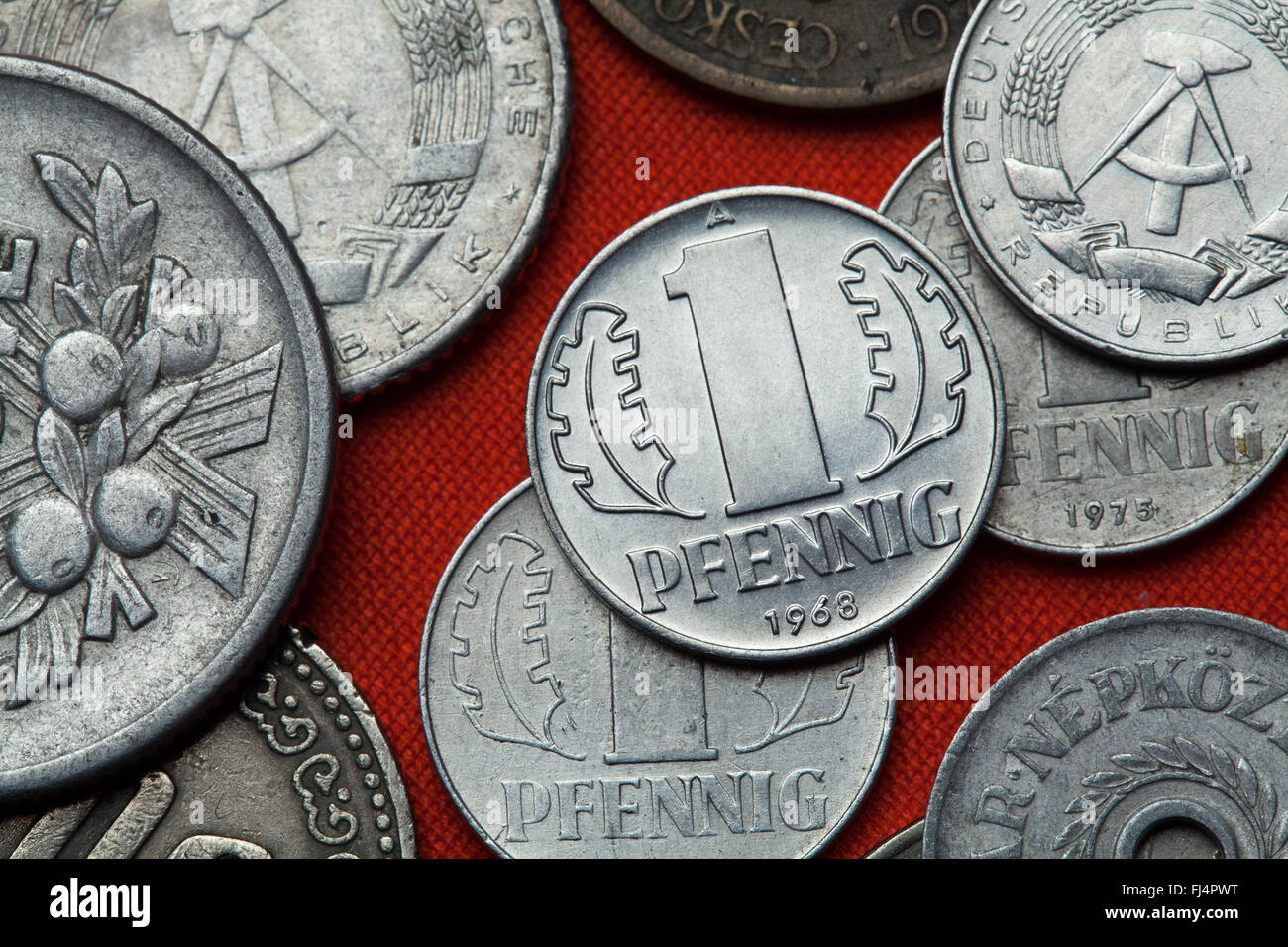 Coins of East Germany. East German one pfennig coin (1968) coined in the German Democratic Republic. Stock Photo