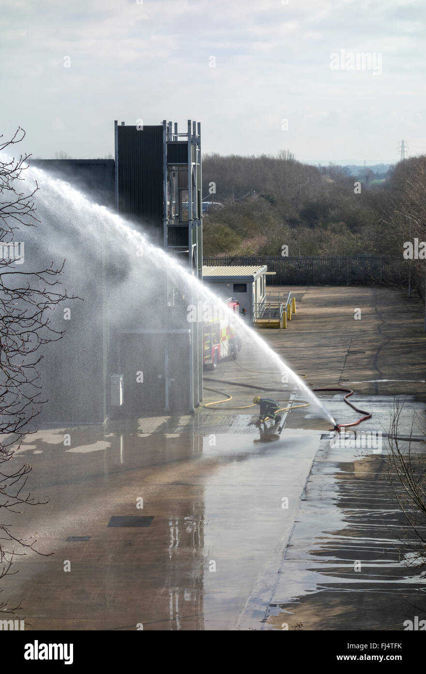 Water jet from fire brigade hosepipe when testing tender pump Milton Stock Photo