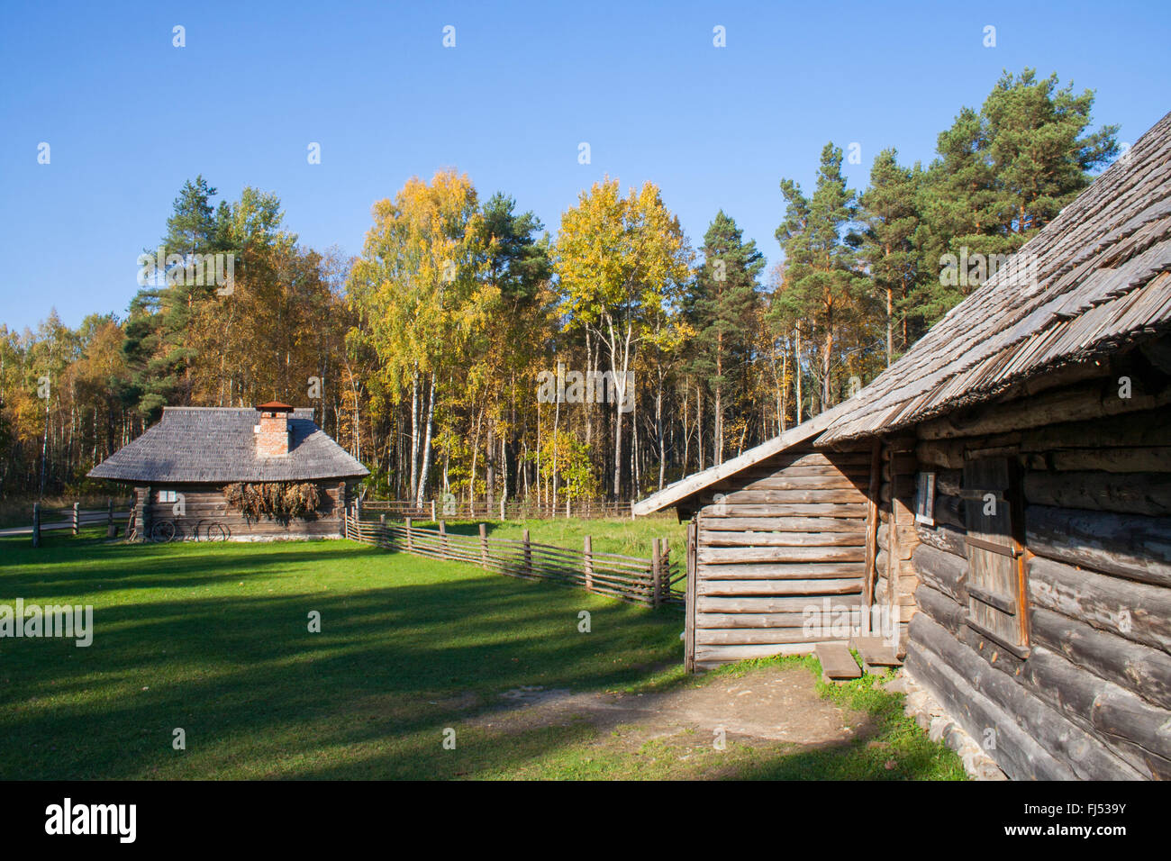 Old wooden farm buildings at the Estonian Open Air Museum, Tallinn, Estonia Stock Photo