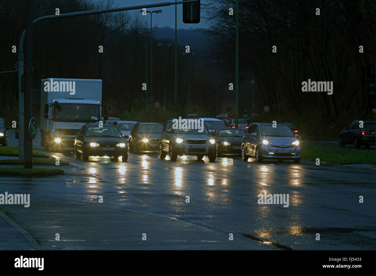 traffic at rain weather and poor visibility in the evening, Germany Stock Photo
