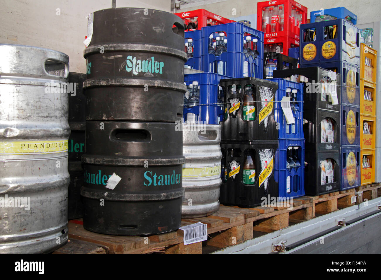 lorry bed with beer kegs and beverage crates, Germany Stock Photo