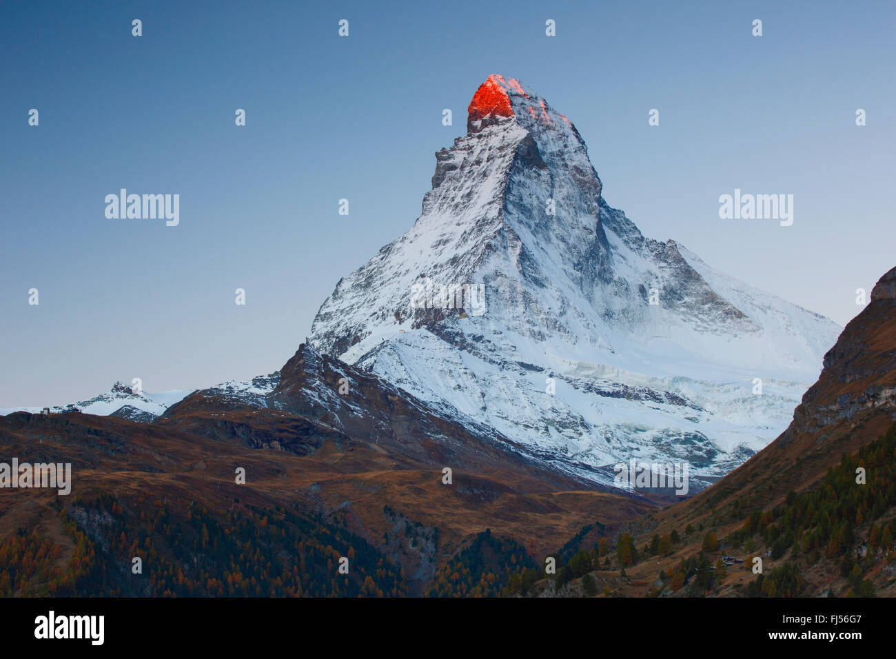 Matterhorn with alpenglow, Switzerland, Valais Stock Photo