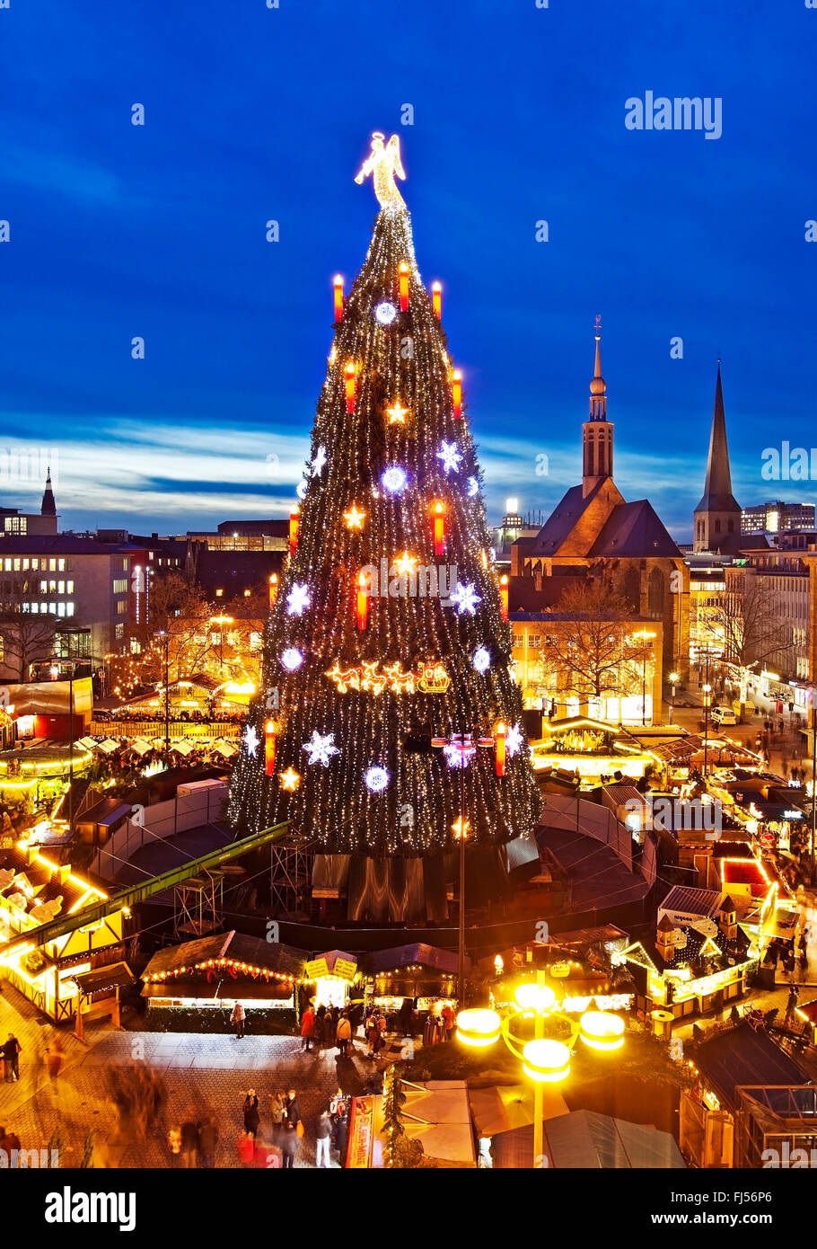 Christmas market with gigantic Christmas tree on Hansaplatz, Germany, North Rhine-Westphalia, Ruhr Area, Dortmund Stock Photo