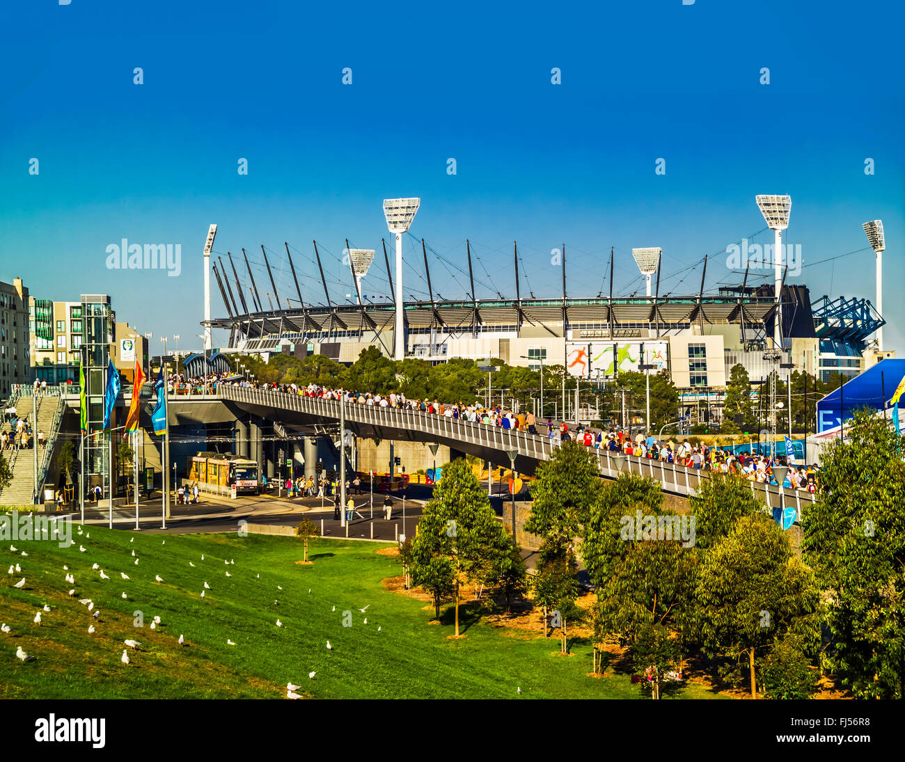 Crowds moving their way to the entrance of the MCG (Melbourne Cricket Ground), Melbourne Australia Stock Photo