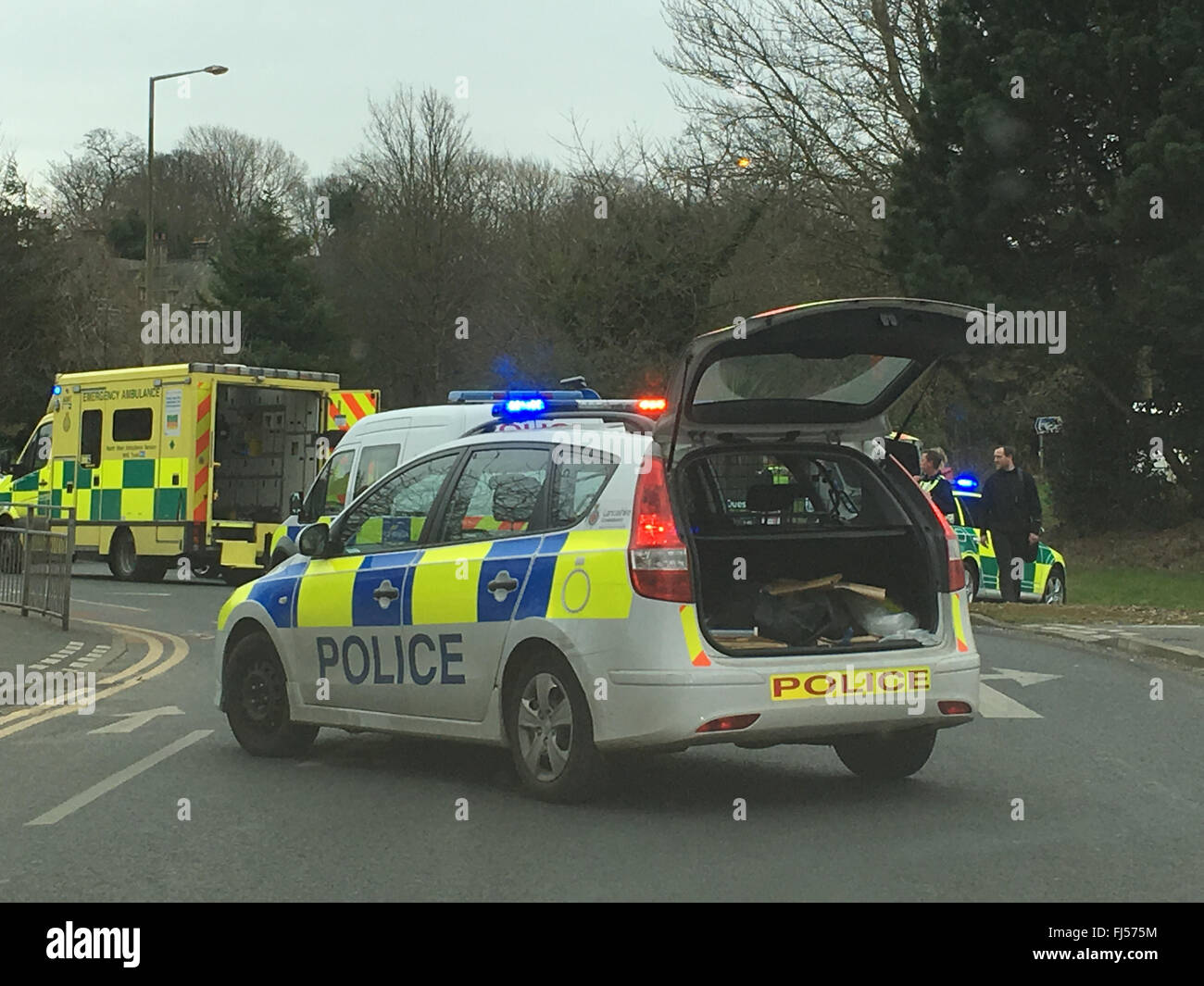South Road, Lancaster, UK. 29th February 2016. Police and Ambulance Service at the scene of RTA in Lancaster  this after noon involving single vehicle which crashed into Pointer Roundabout on the A6 leaving  City Centre. Credit:  David Billinge/Alamy Live News Stock Photo