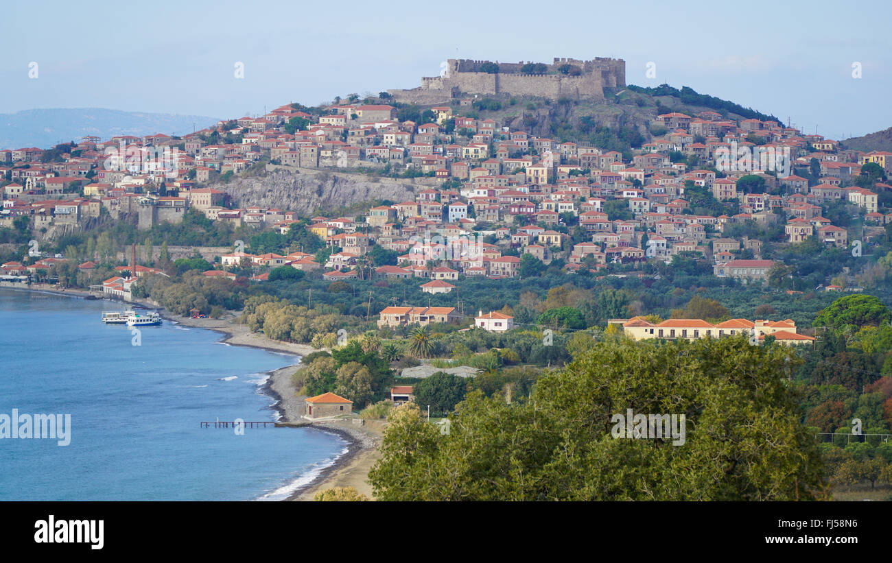 View of Molyvos, Mythimna. Lesvos, Greece. Downtown and old castle