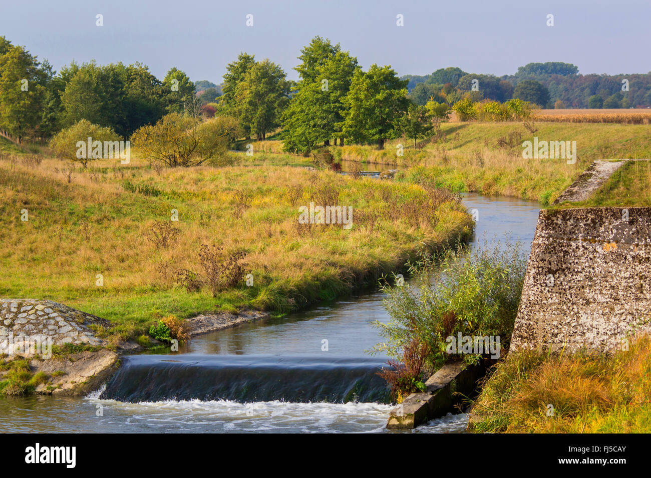 canalised creek with barrier, Germany, Bavaria, Niederbayern, Lower Bavaria, Straubing Stock Photo