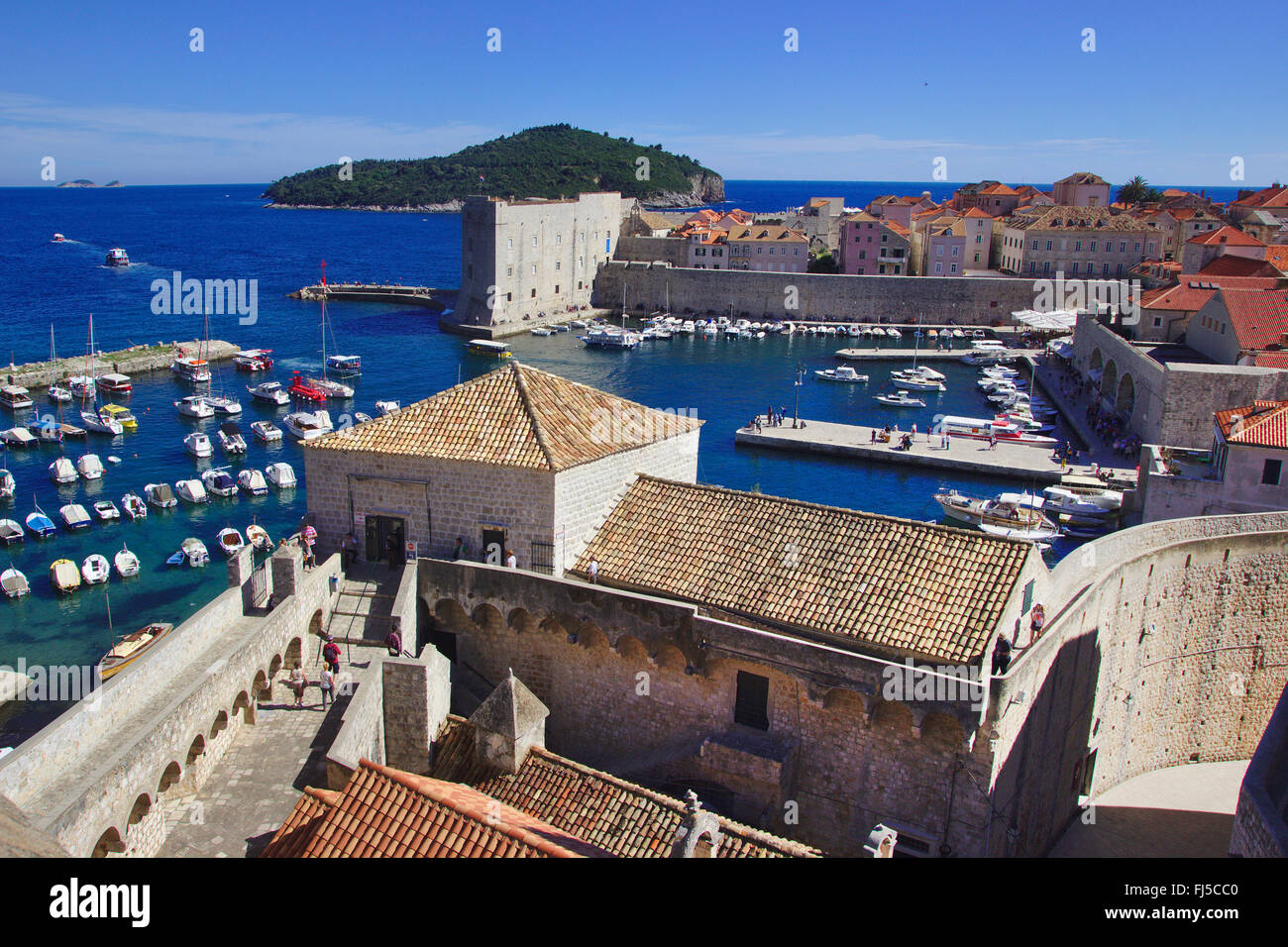 view from city wall to the harbour, Croatia, Dubrovnik Stock Photo