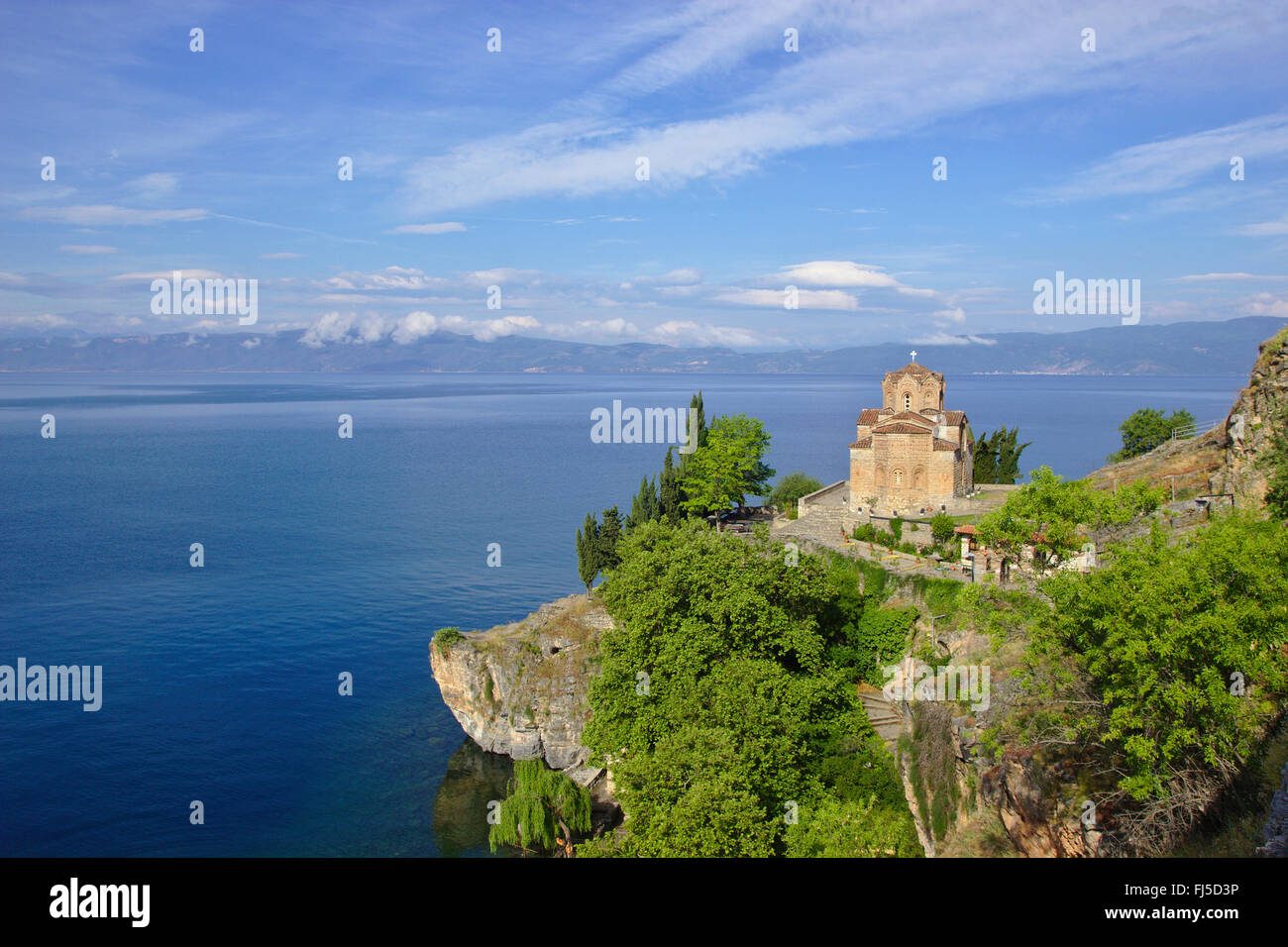 Church of St. John at Kaneo on the cliff over Kaneo beach overlooking Lake Ohrid, Macedonia, Ohrid Stock Photo