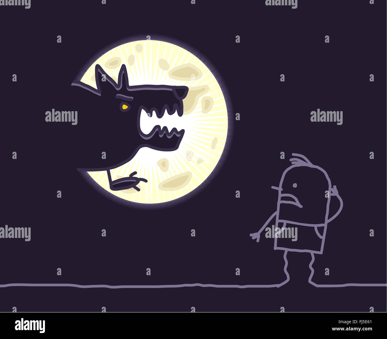 hand drawn cartoon characters - werewolf & moon Stock Photo