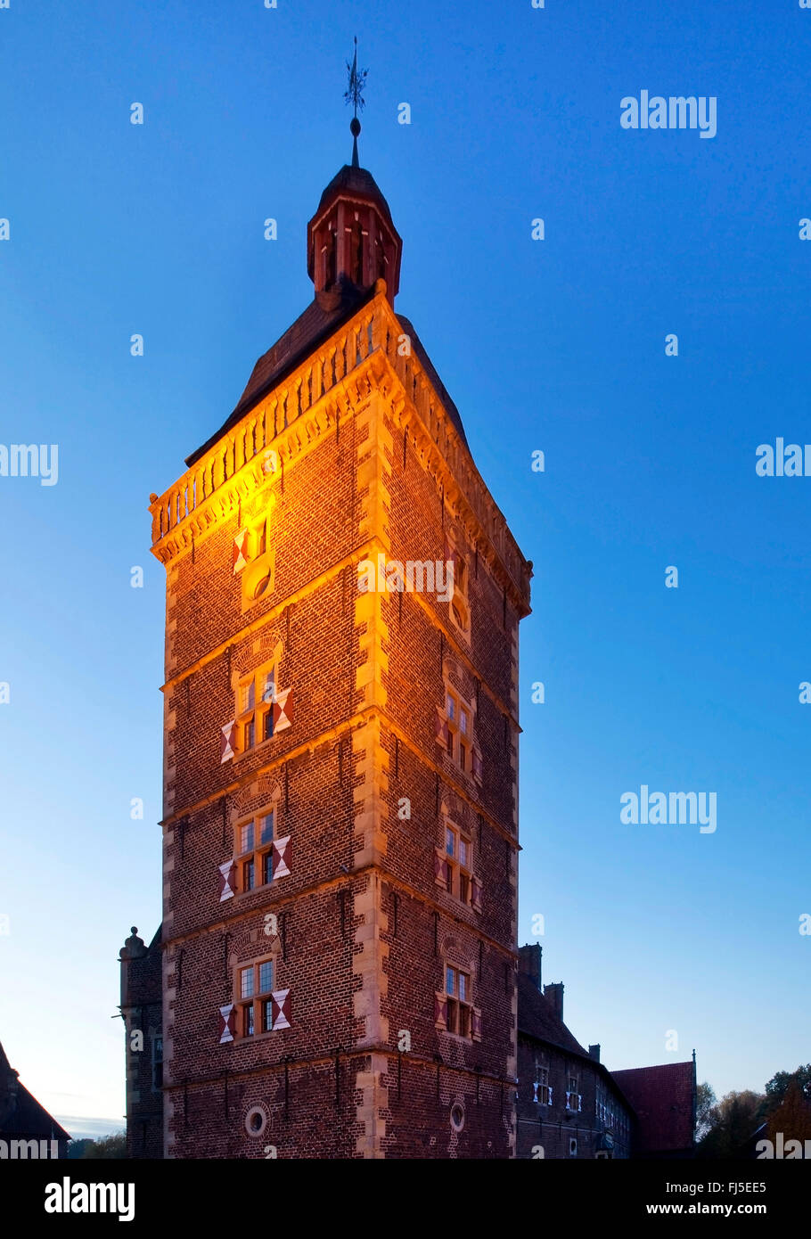 illuminated astrologers tower of Raesfeld Castle, Germany, North Rhine-Westphalia, Muensterland, Raesfeld Stock Photo