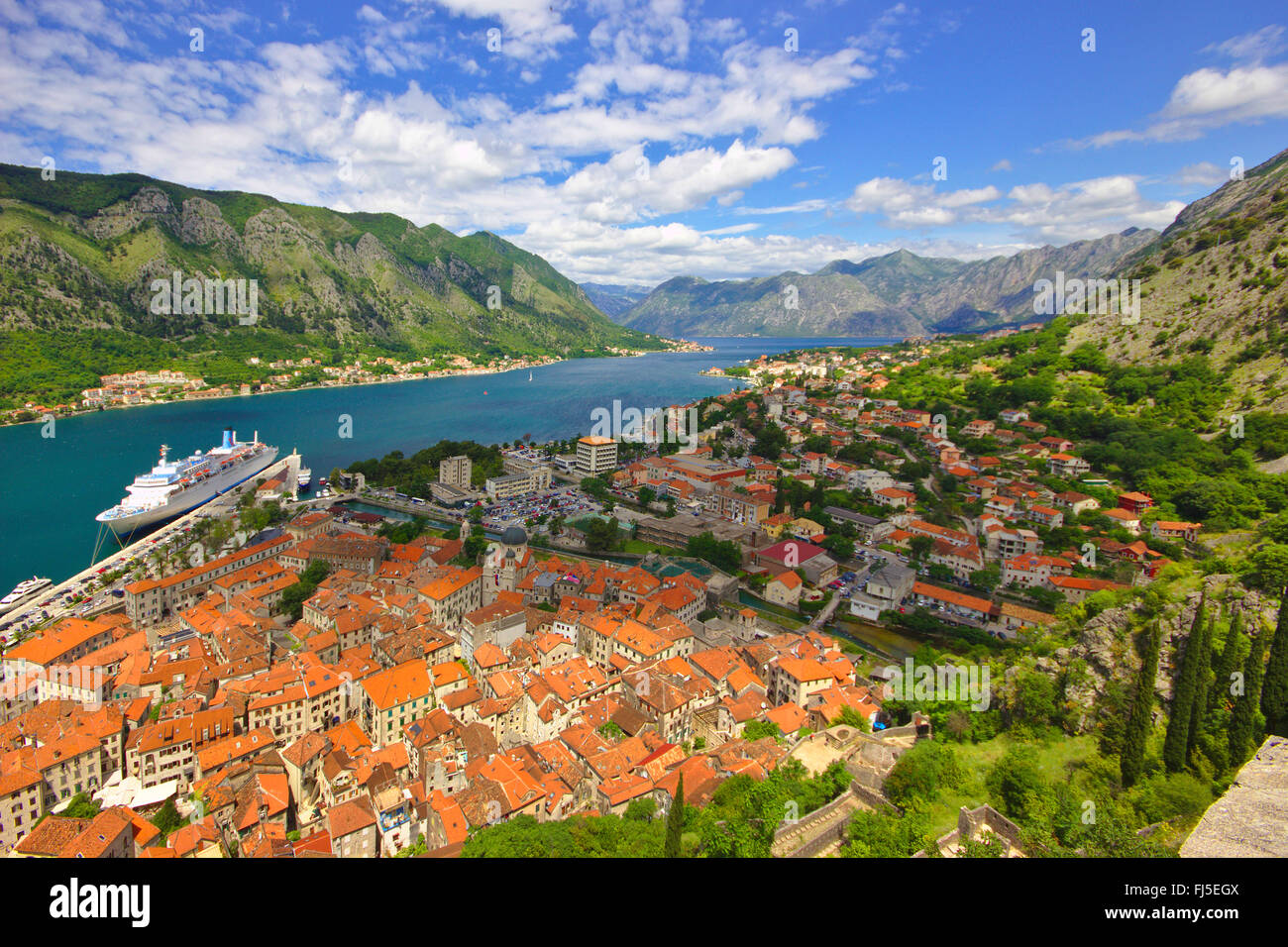 view from the fortress to the old town and the Bay of Kotor, Montenegro, Kotor Stock Photo