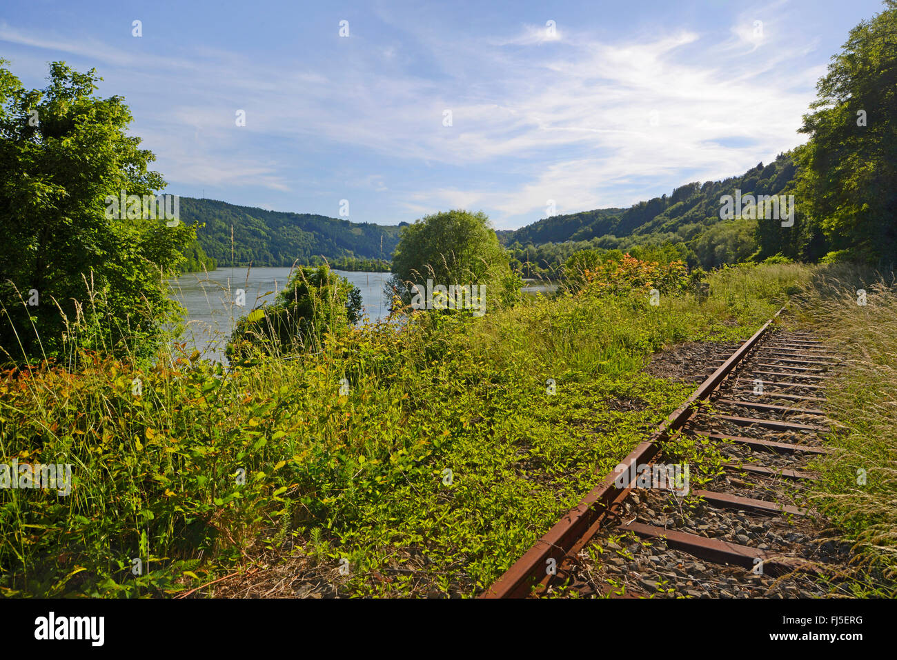 closed railway track near Danube river, Germany, Bavaria, Bavarian Forest National Park, Donauleiten Stock Photo