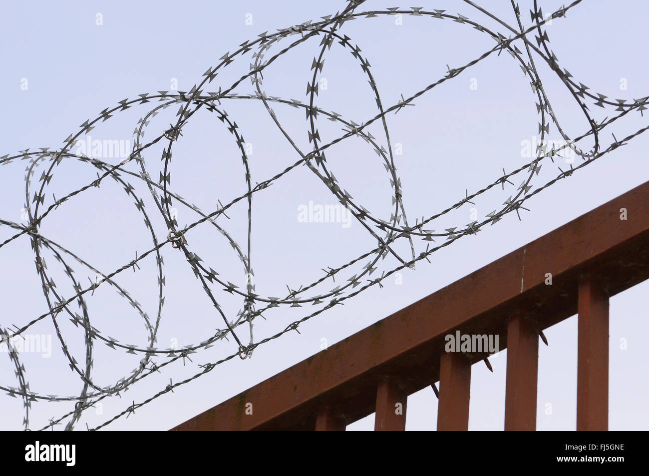 concertina wire, barbed wire on a rusty fence, Germany, Wuppertal Stock Photo