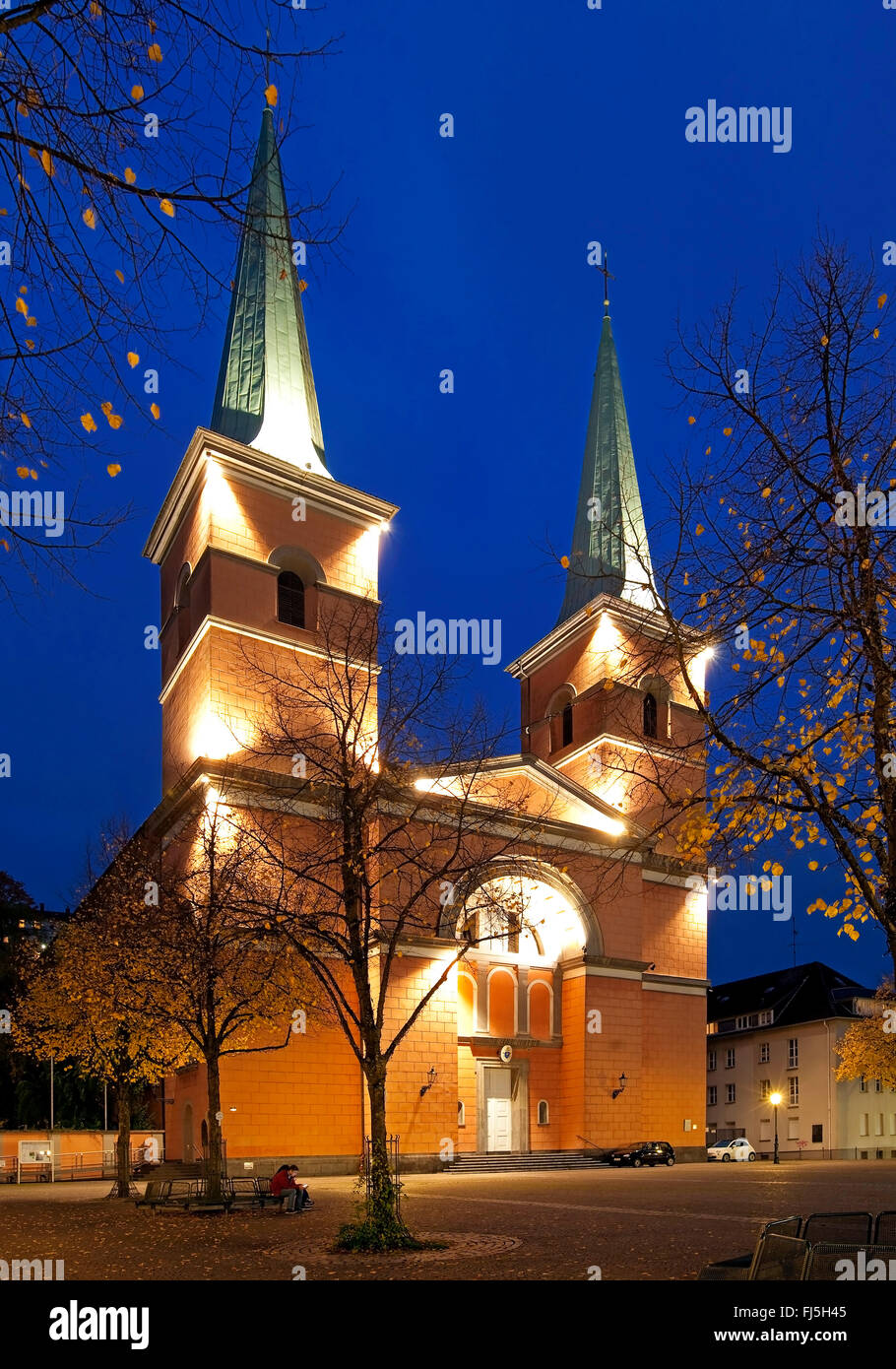 illuminated Sankt Laurentius church in Wuppertal Elberfeld in evening light, Germany, North Rhine-Westphalia, Bergisches Land, Wuppertal Stock Photo