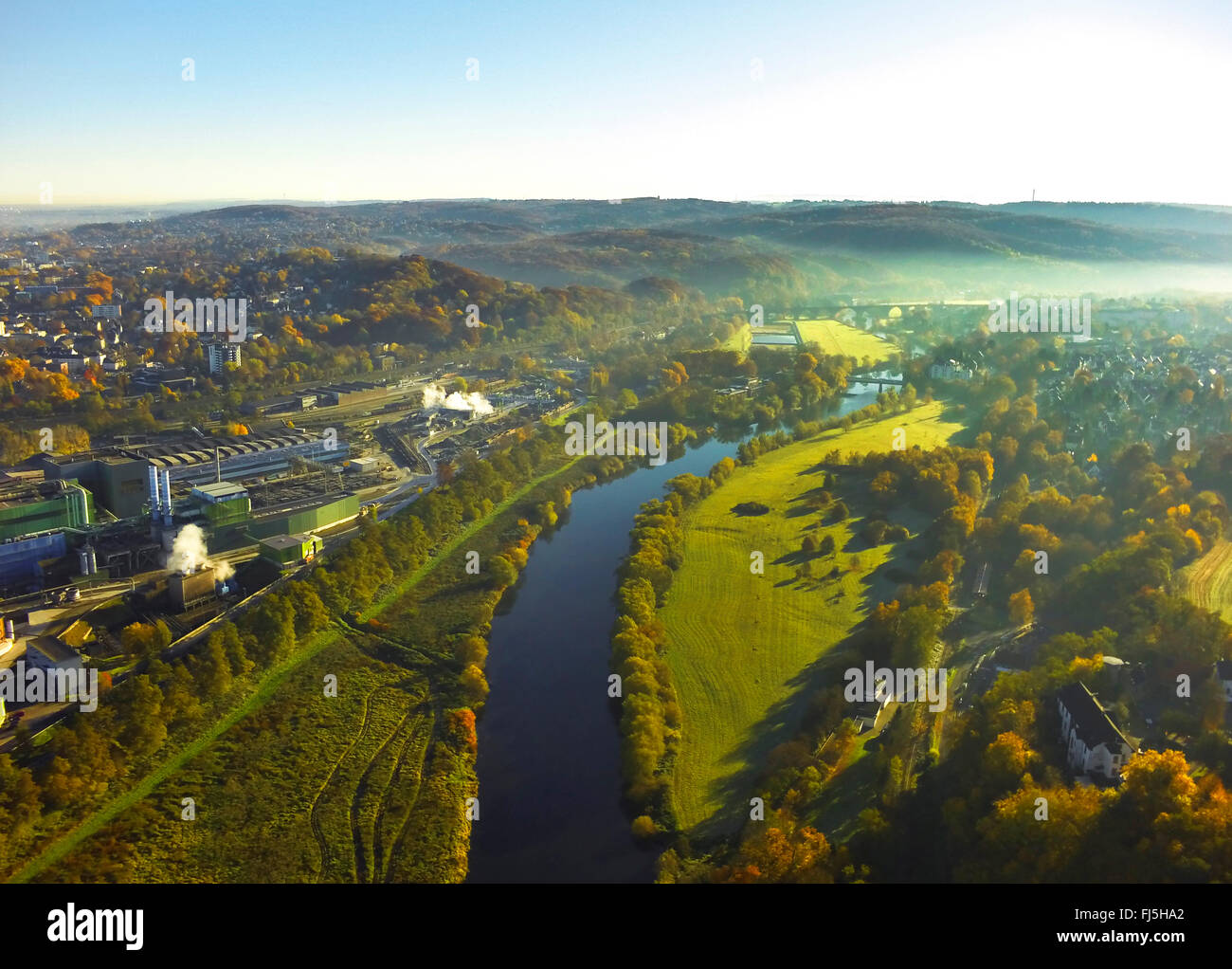 Rhien Ruhr aerial view to Ruhr river in autumn, Germany, North Rhine-Westphalia ...