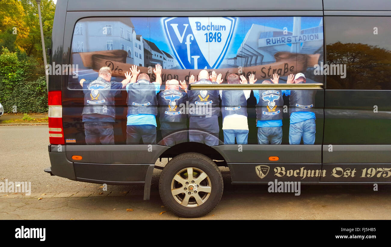 funny adhesive film on supporters mini bus of VfL Bochum, Germany, Ruhr Area, Bochum Stock Photo