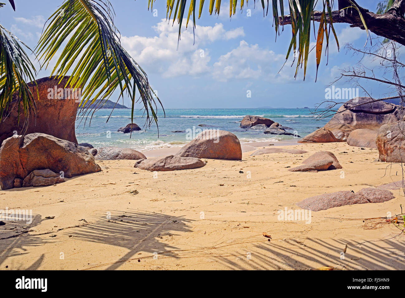 beach of Anse Takamaka, Seychelles, Praslin Stock Photo