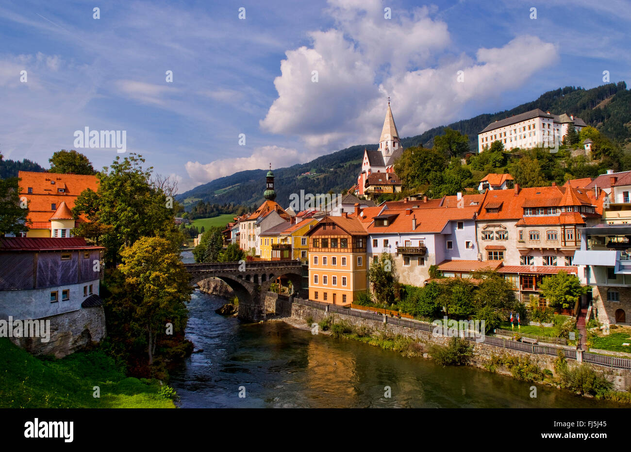 Old historical old town of Murau Austria downtown and churches and Mur River, Austria Stock Photo