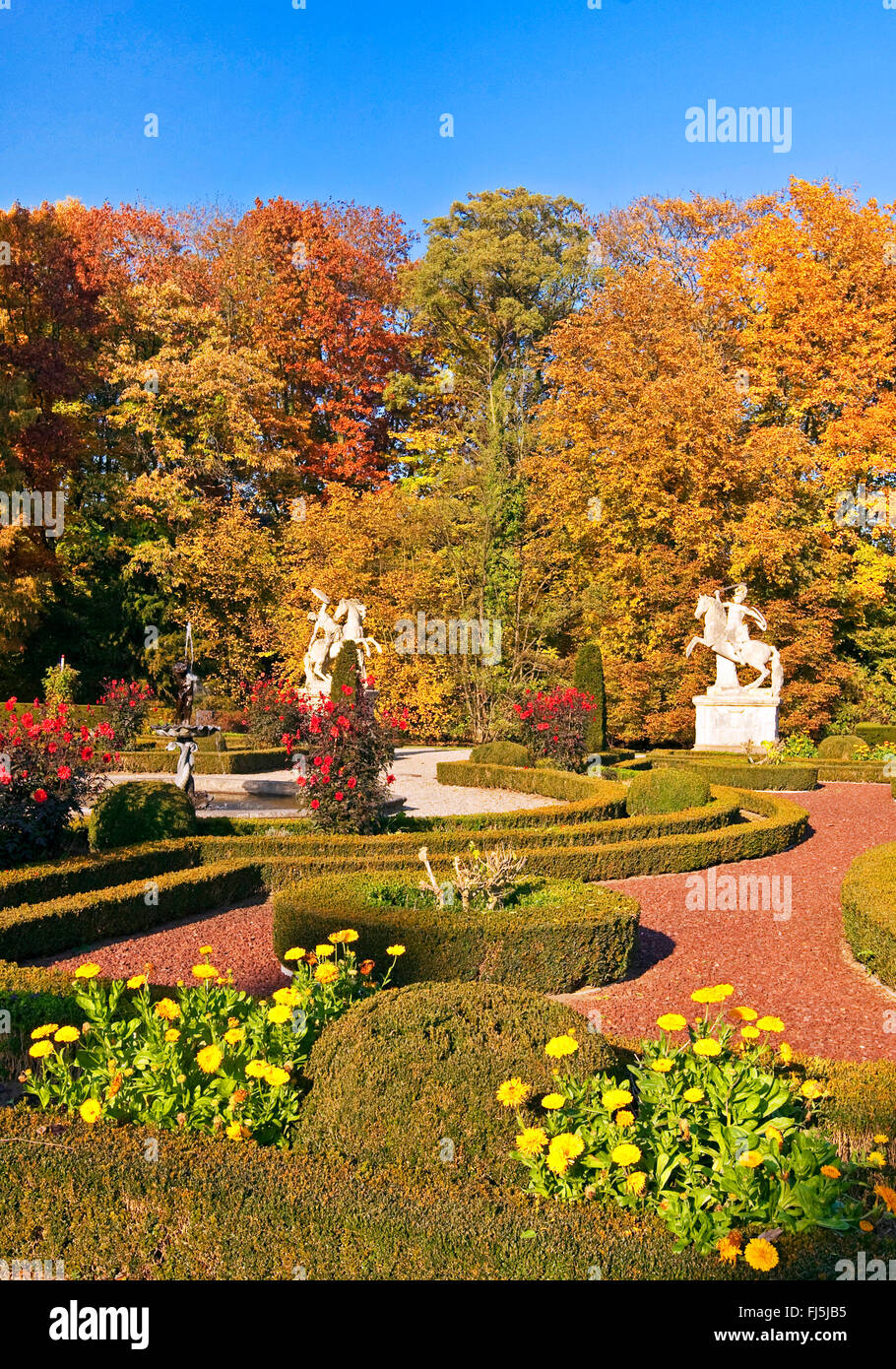 French formal garden of castle Anholt in autumn, Germany, North Rhine-Westphalia, Muensterland, Isselburg-Anholt Stock Photo