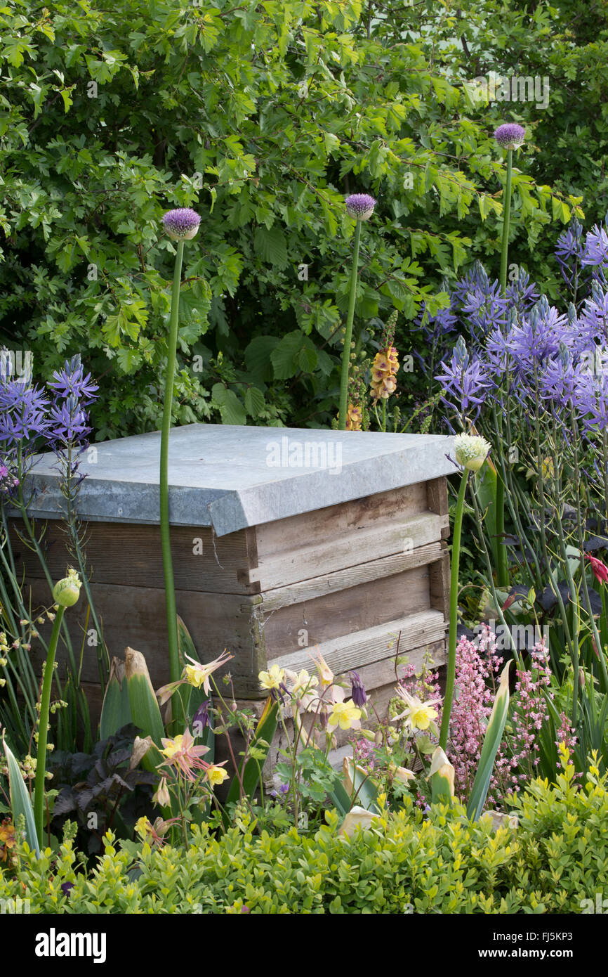 Wildlife friendly small urban garden with beehive in a flower bed for
