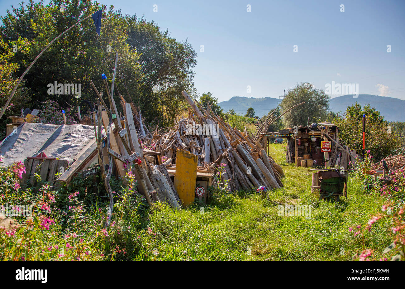 campground of the driftwood collectors at the Inn, Austria, Tyrol Stock Photo
