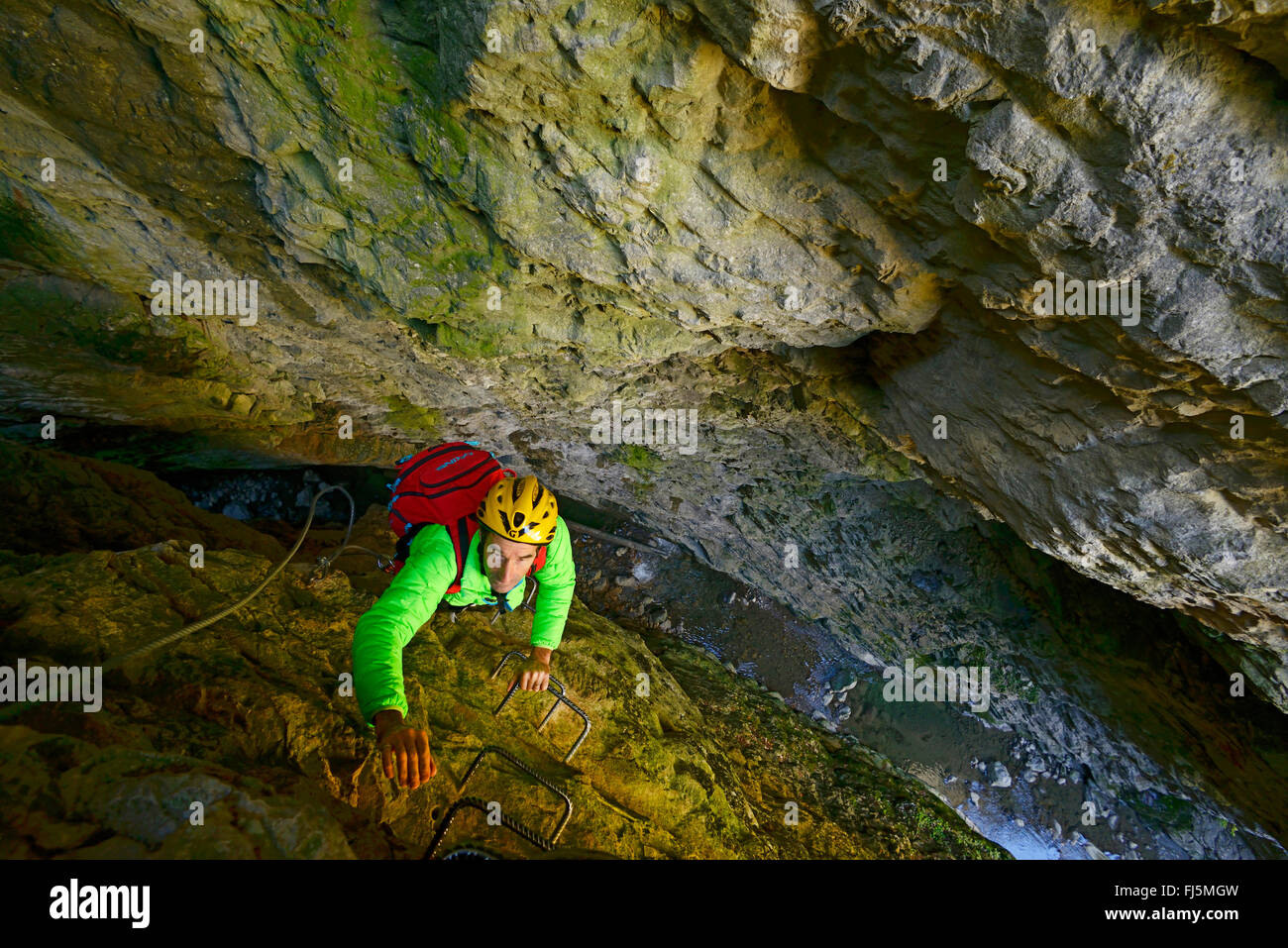 climber on via ferrata in the canyon of Etroits, France, Hautes Alpes, Saint Etienne en Devoluy Stock Photo