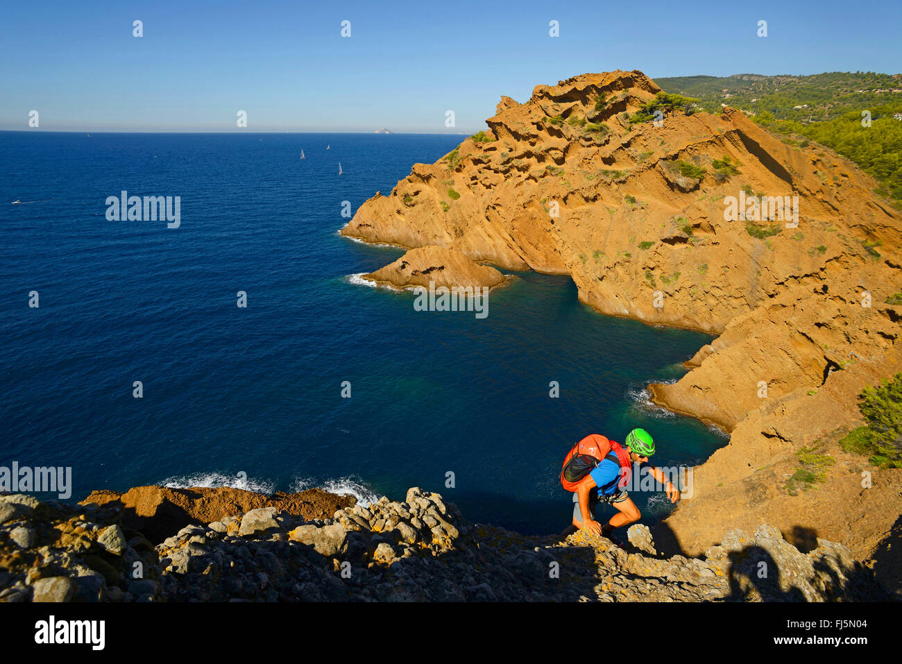 climber at coastal rock Bec de l'Aigle, France, Provence, Calanques National Park, La Ciotat Stock Photo