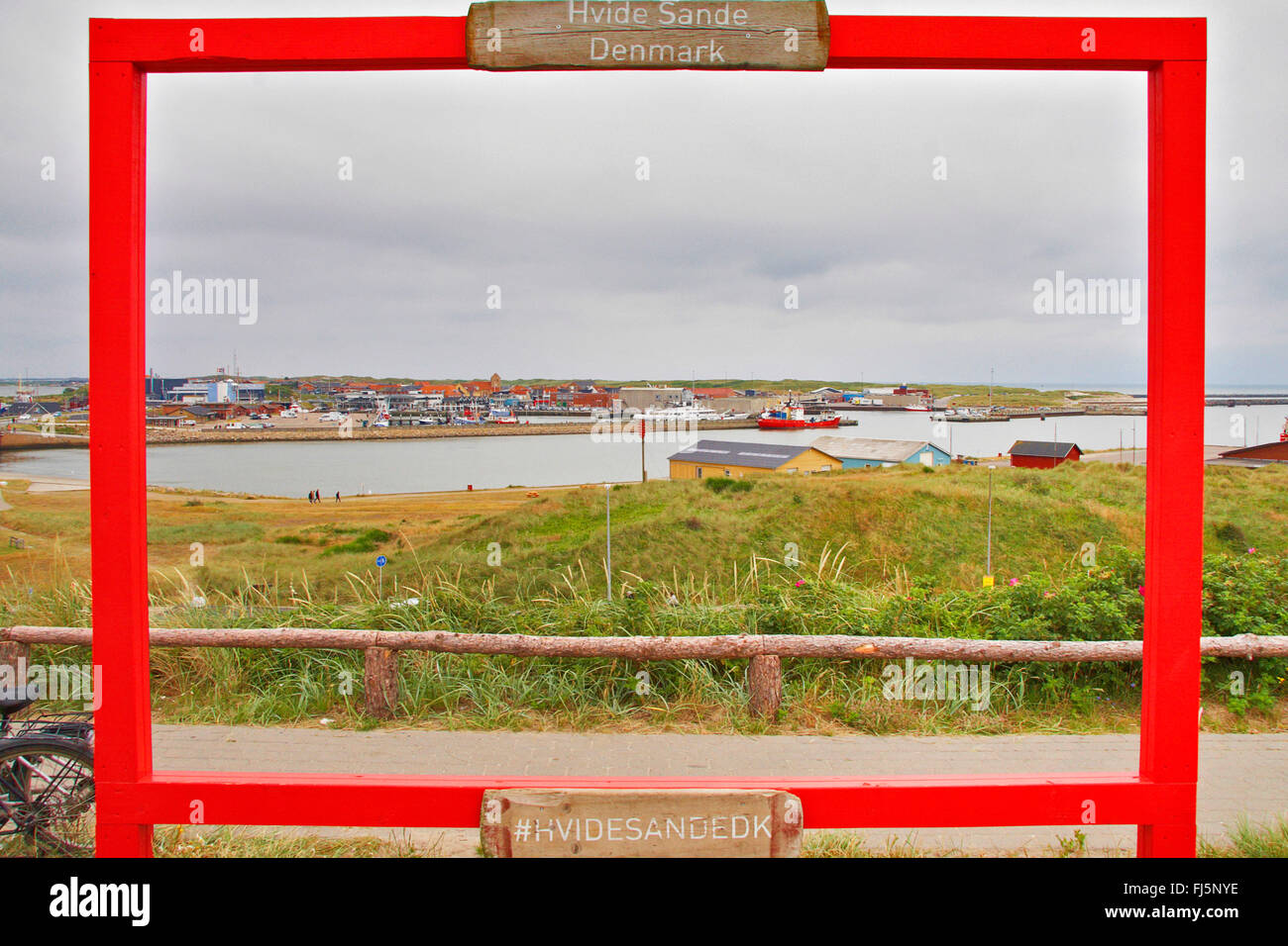 view through a red frame to Hvide Sande, Denmark, Hvide Sande Stock Photo
