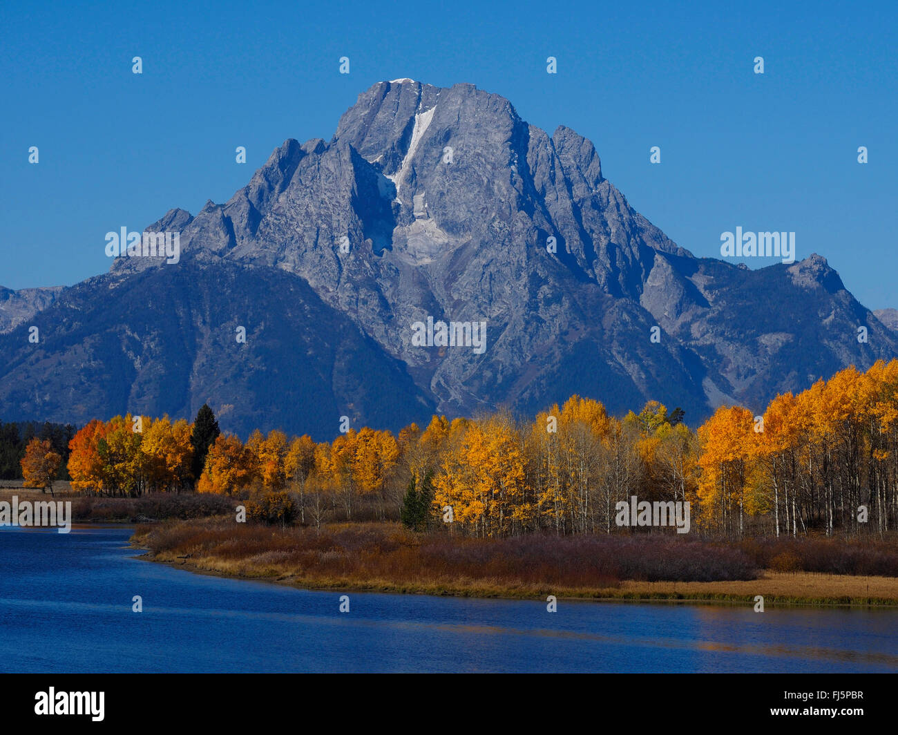 autumn mood at Oxbow Bend with Mt. Moran in the back, USA, Wyoming, Grand Teton National Park Stock Photo