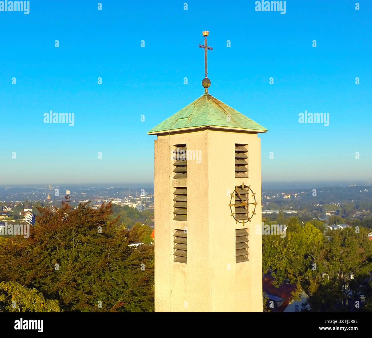 aerial view to the steeple of the peace church, Friedenskirche, Germany, North Rhine-Westphalia, Ruhr Area, Witten Stock Photo