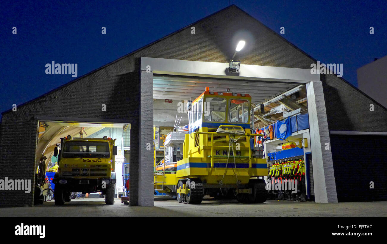 special vehicles of the rescue squad in a illuminated ha, Netherlands, Noordwijk aan Zee Stock Photo