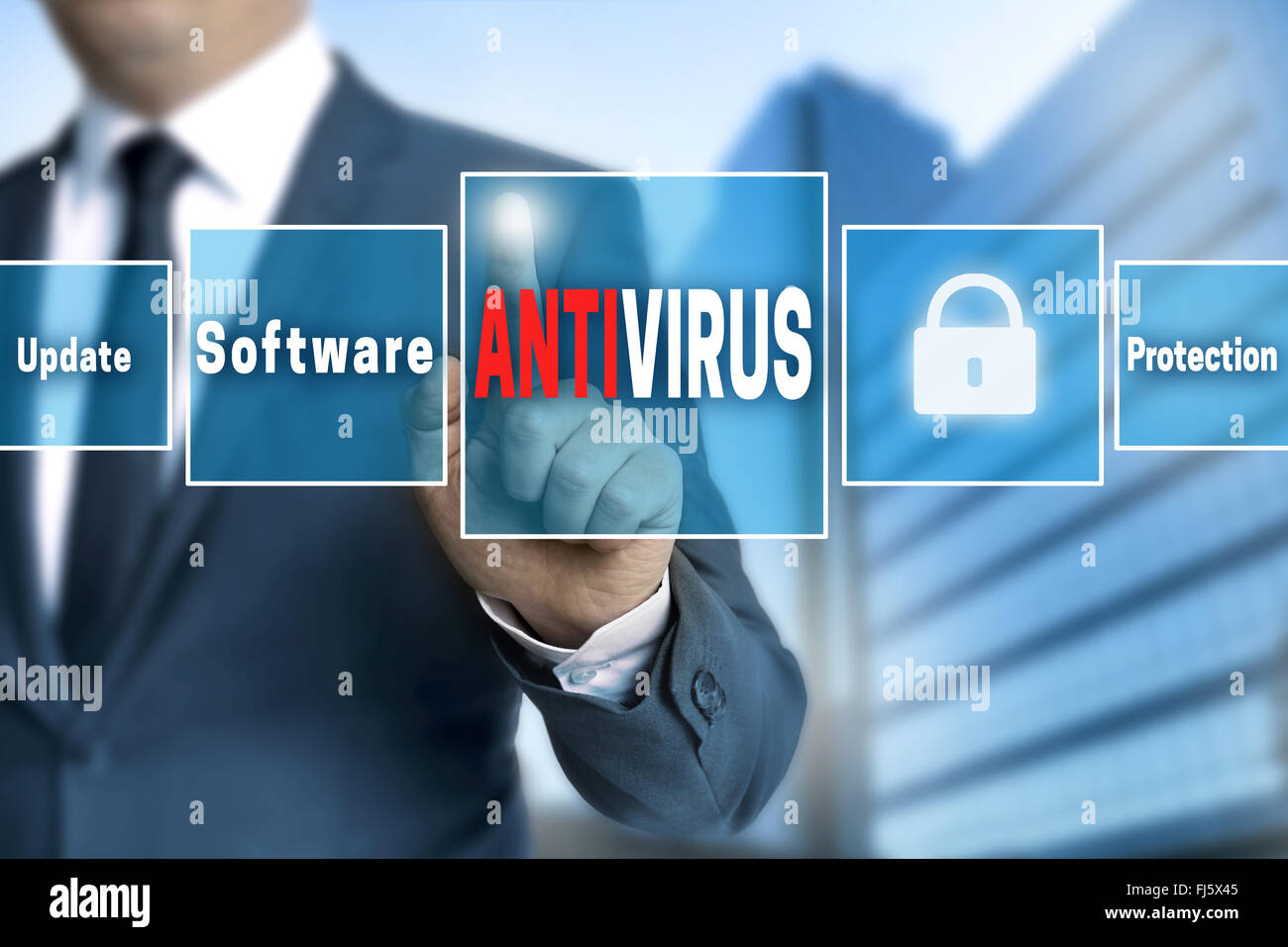 Antivirus touchscreen is operated by businessman. Stock Photo
