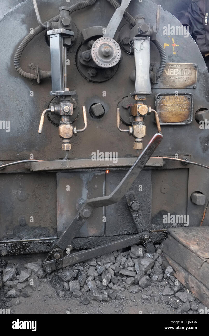 The firebox of Darjeeling Himalayan Railway B-Class steam locomotive 780 (DHR 22). Ghum, Darjeeling, West Bengal, India. Stock Photo