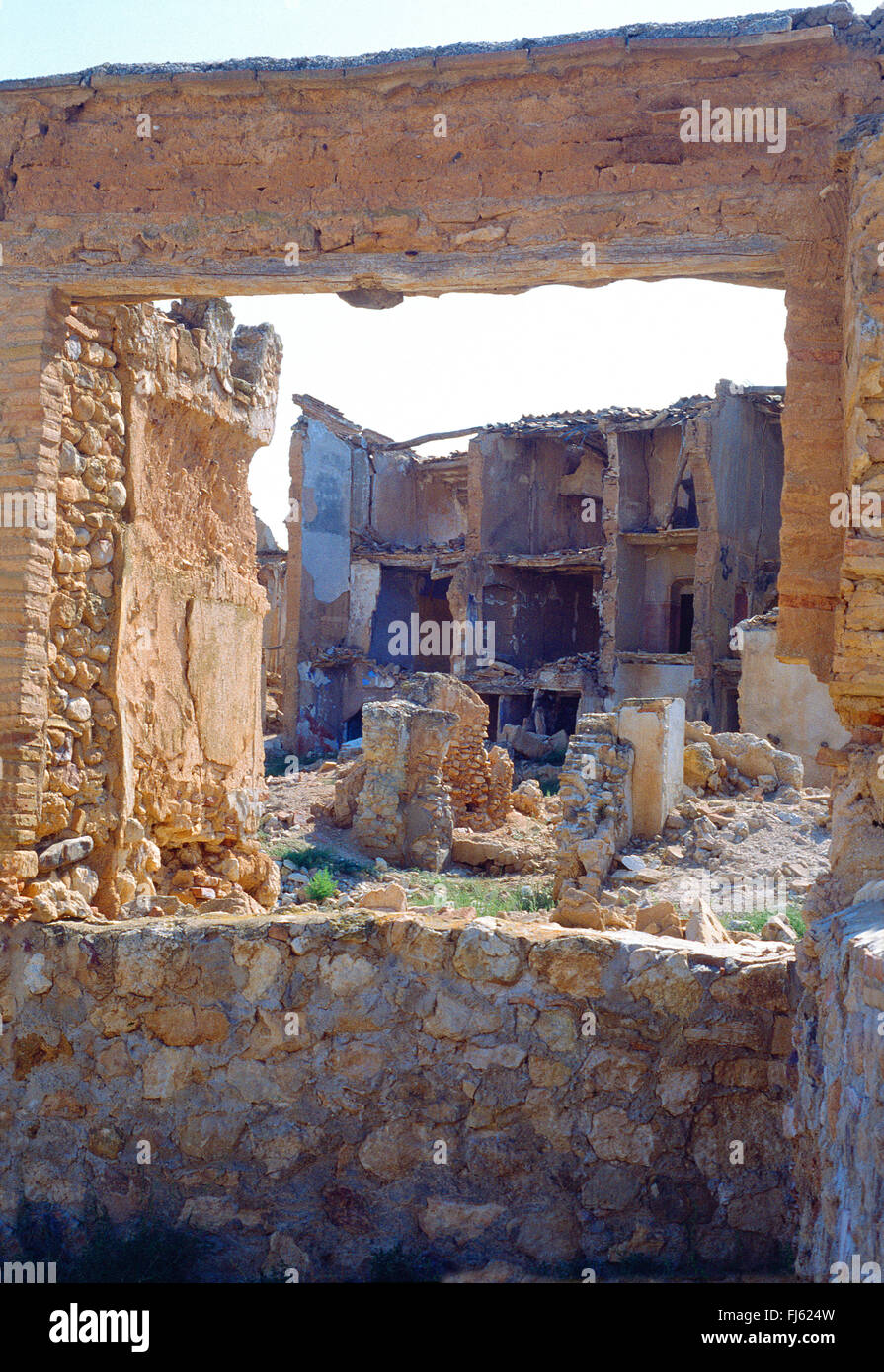 House in ruins. Old village of Belchite, Zaragoza province, Aragon, Spain. Stock Photo