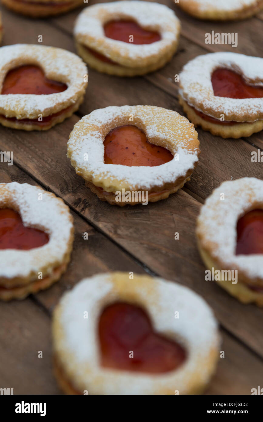 Jam sandwich biscuits (Linzer biscuits). Heart shaped jam biscuits
