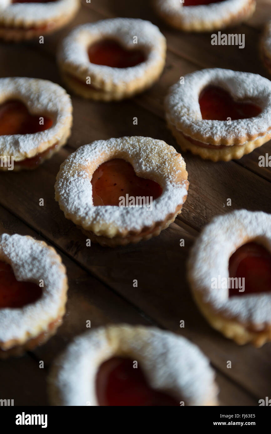 Jam sandwich biscuits (Linzer biscuits). Heart shaped jam biscuits