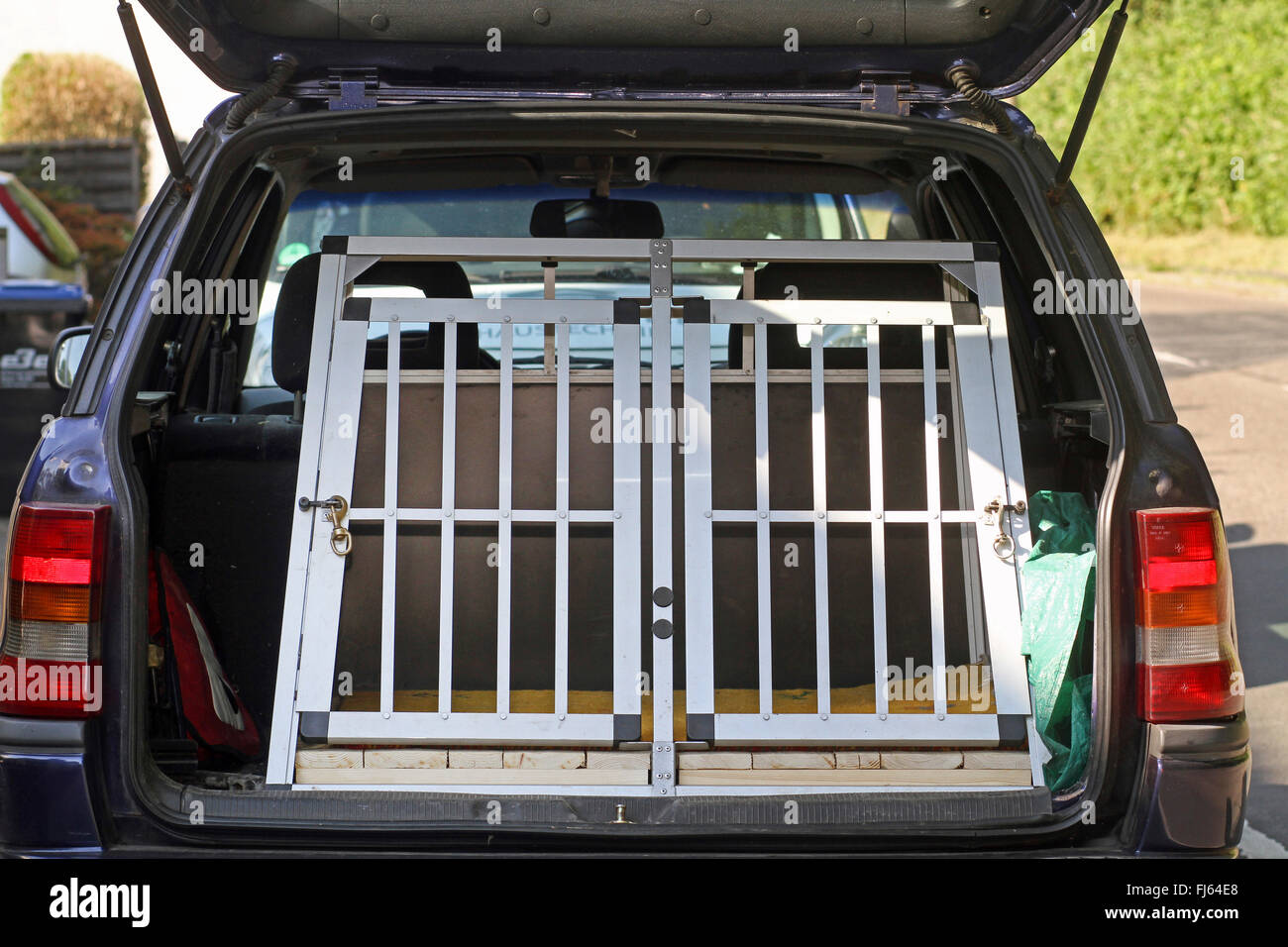 dog transport box in a car boot, Germany Stock Photo